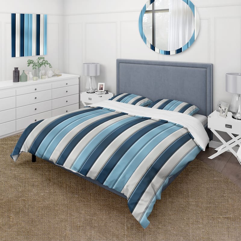 Designart "Elegant Blue And White Striped Pattern" White Modern Bed